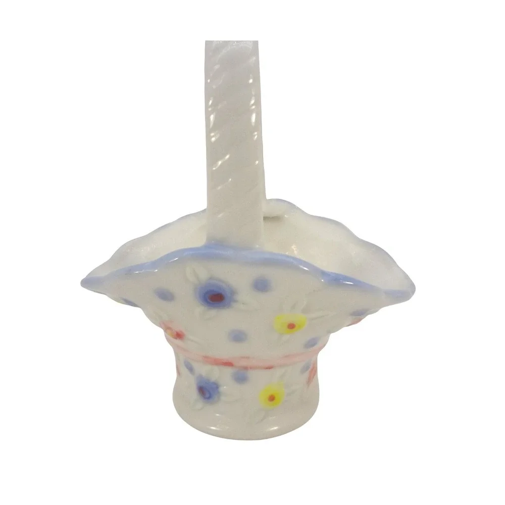 Vintage Miniature‎ Ceramic Floral Basket Hand Painted White Blue Porcelain Decor